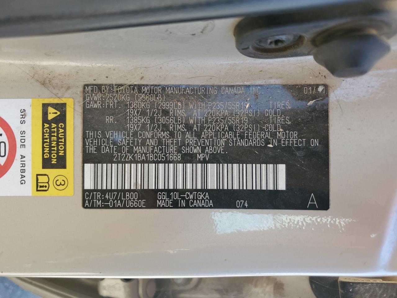 2011 Lexus Rx 350 VIN: 2T2ZK1BA1BC051668 Lot: 61512304