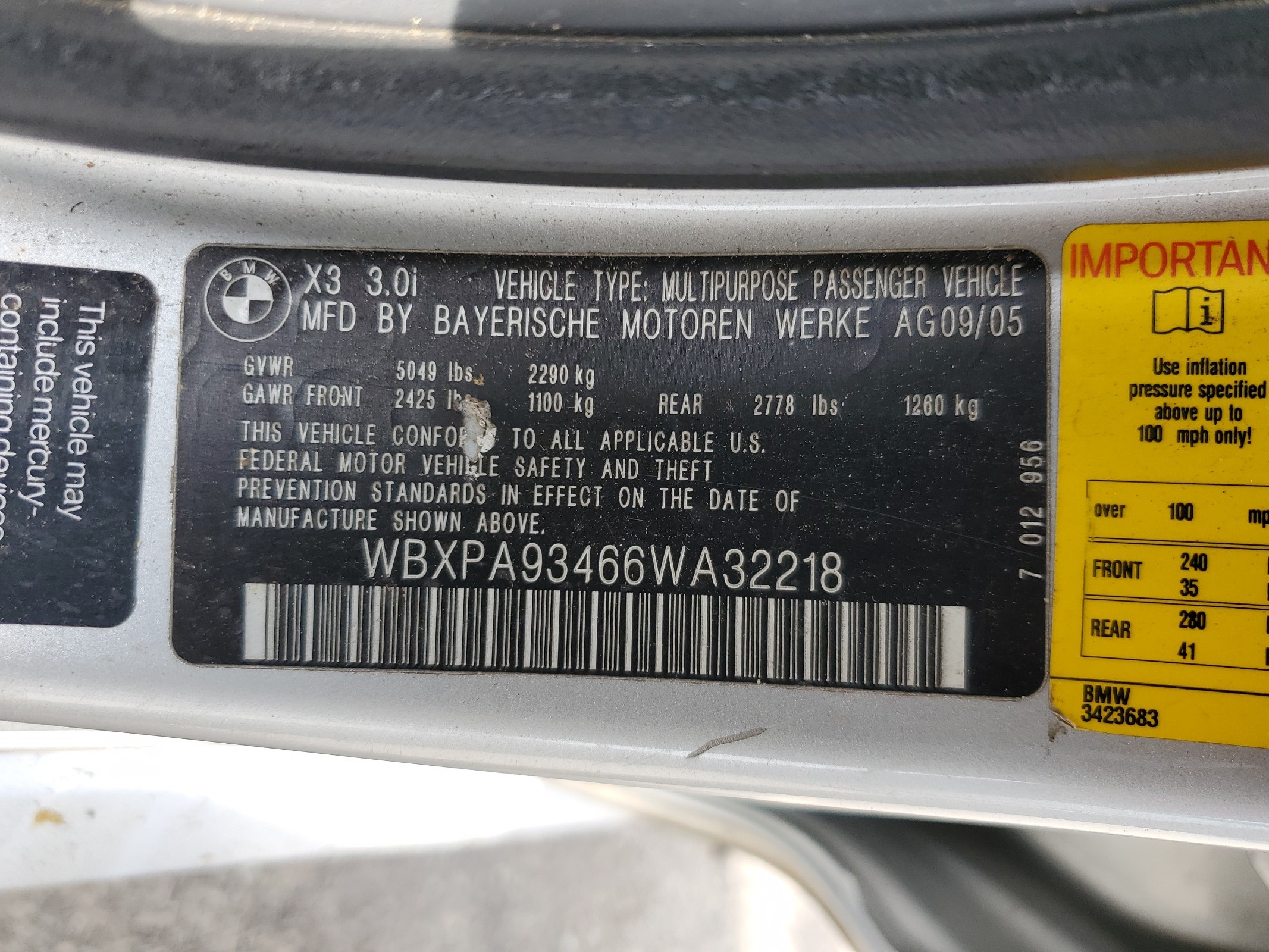 WBXPA93466WA32218 2006 BMW X3 3.0I