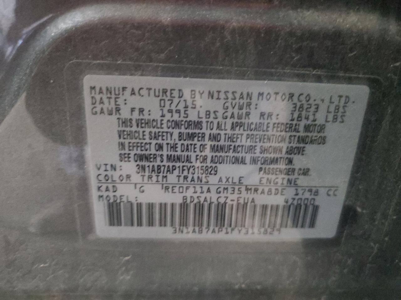 2015 Nissan Sentra S VIN: 3N1AB7AP1FY315829 Lot: 63840534