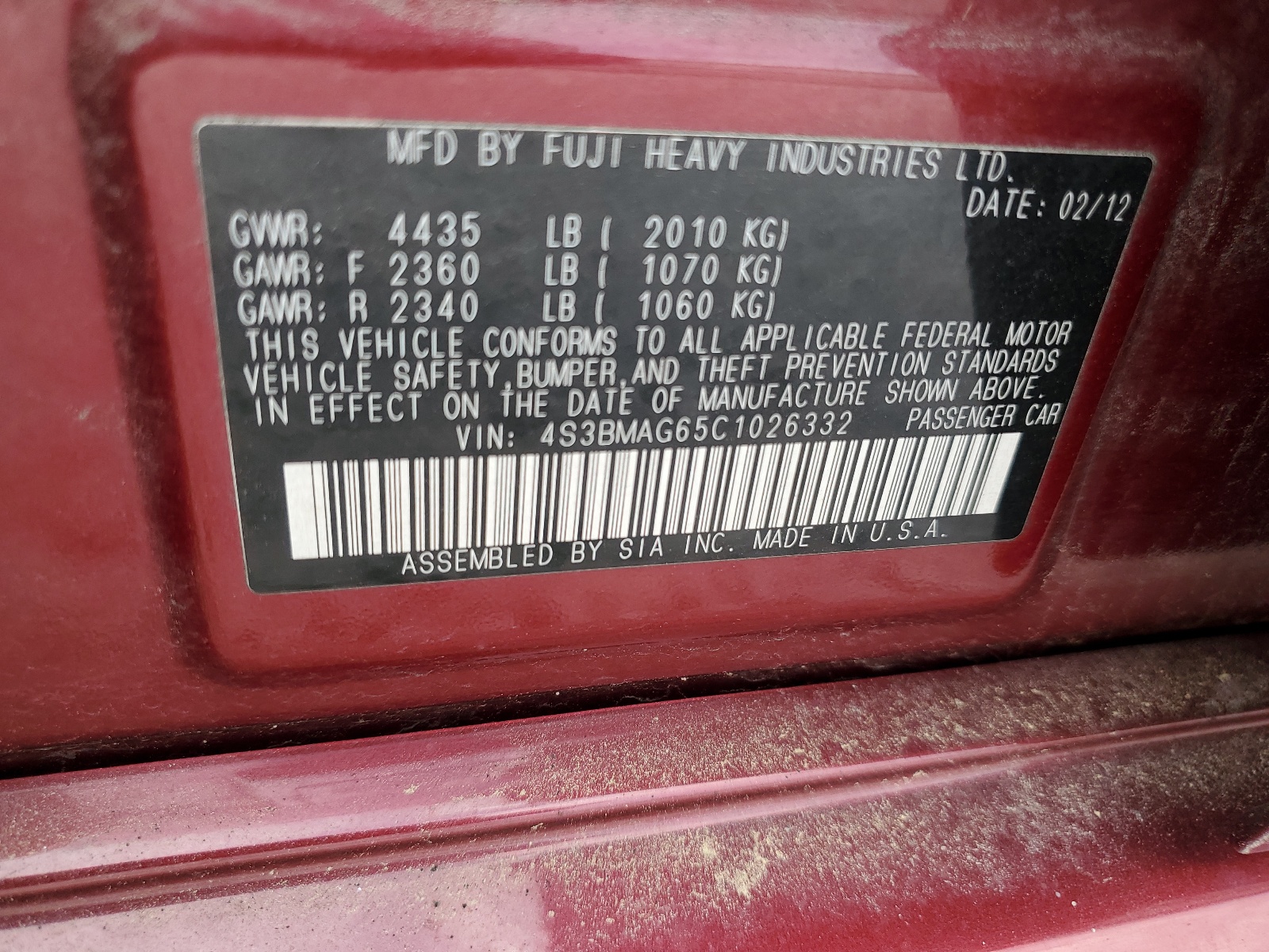 4S3BMAG65C1026332 2012 Subaru Legacy 2.5I Premium