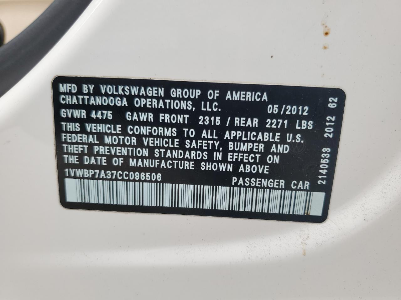 2012 Volkswagen Passat Se VIN: 1VWBP7A37CC096506 Lot: 61910624