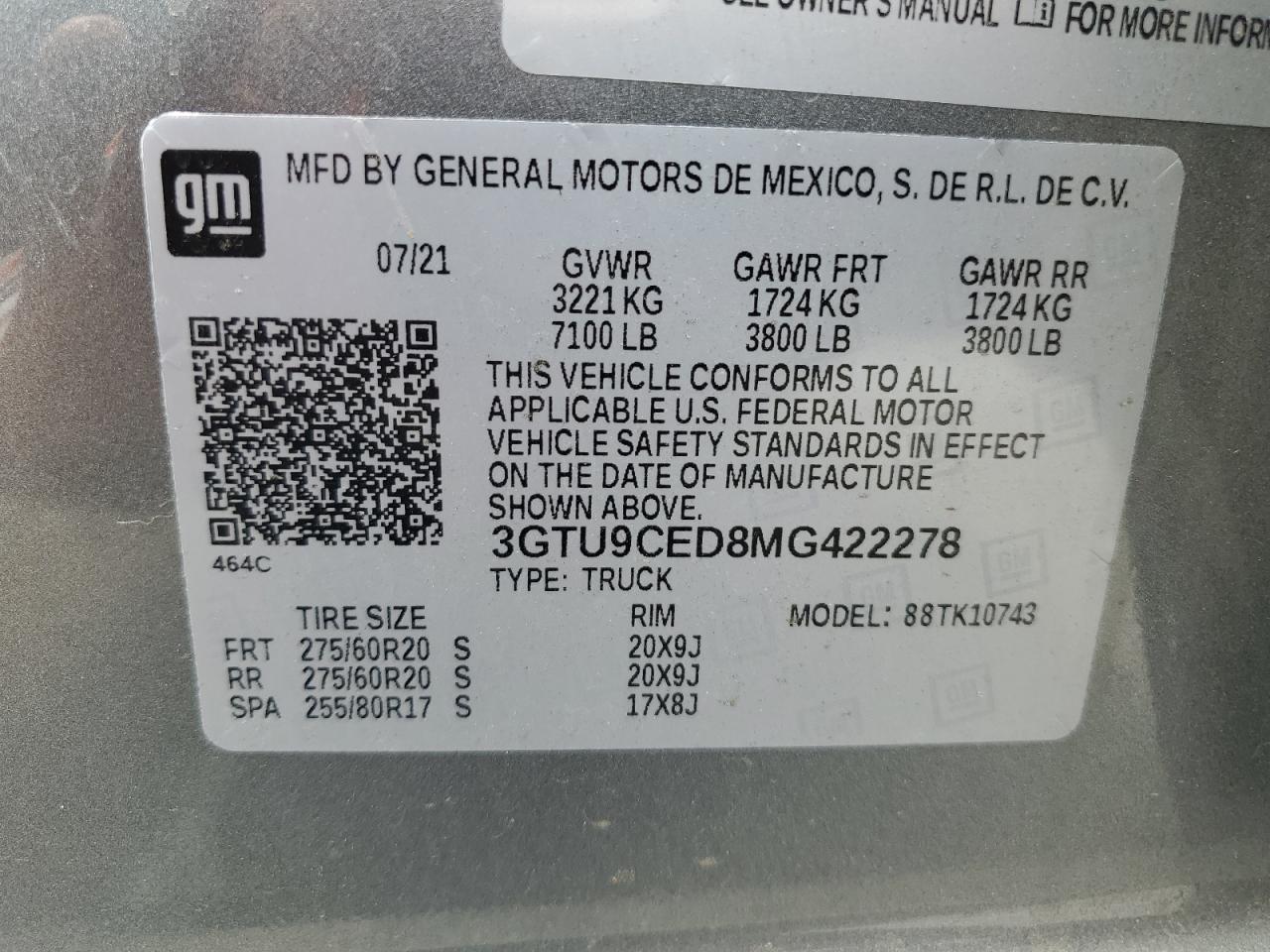 2021 GMC Sierra K1500 Elevation VIN: 3GTU9CED8MG422278 Lot: 63722654