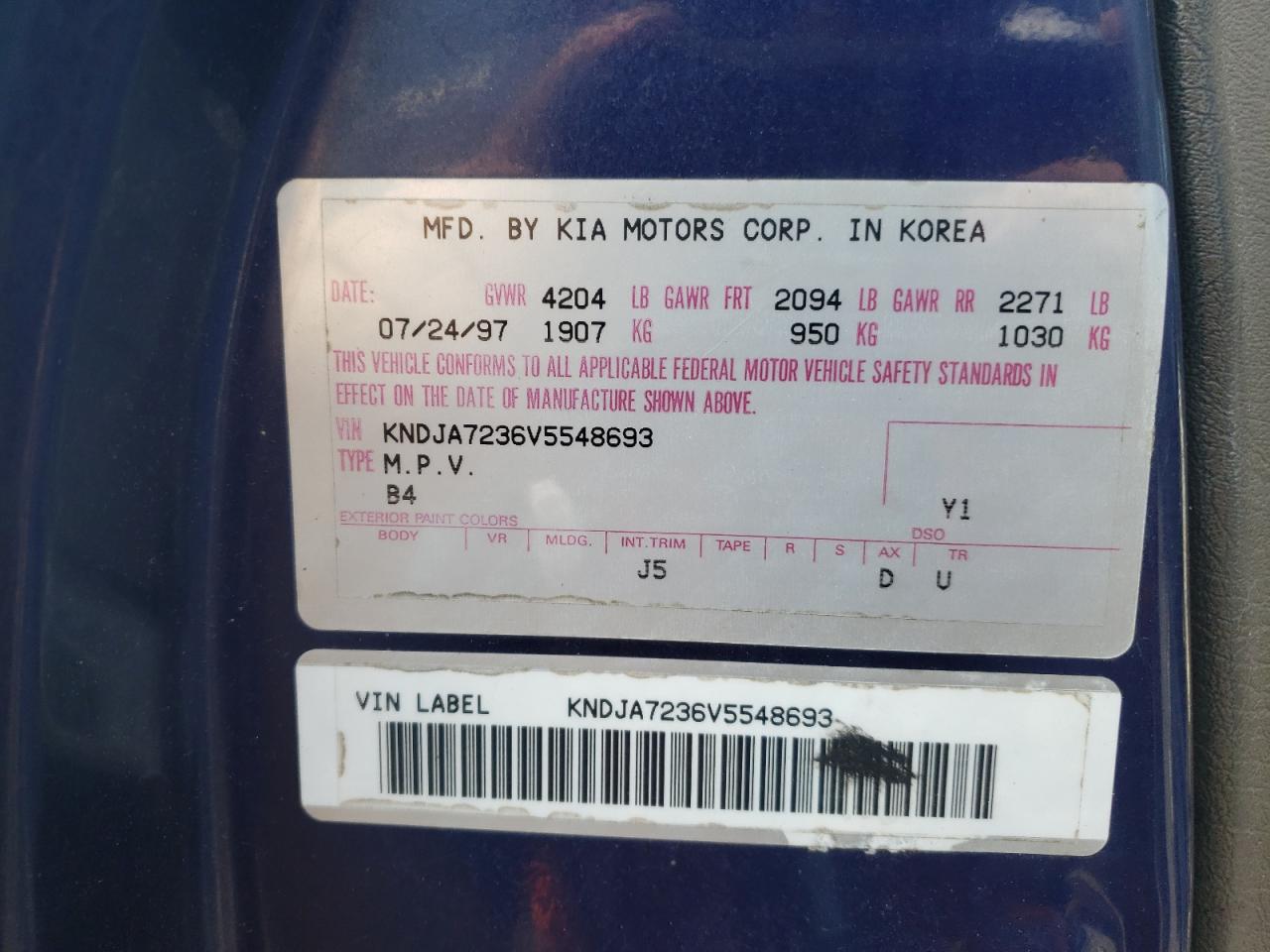 1997 Kia Sportage VIN: KNDJA7236V5548693 Lot: 63606424