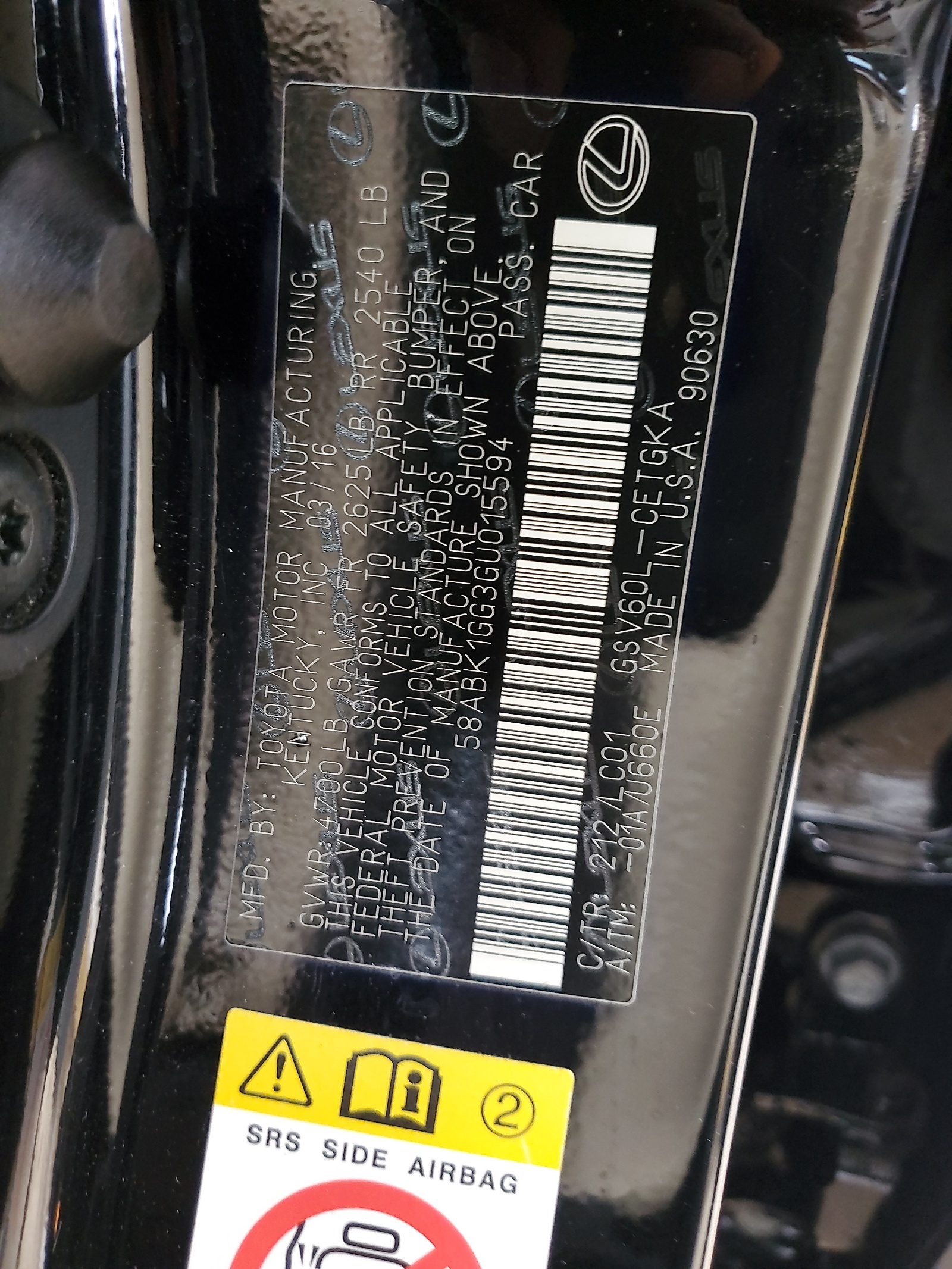 58ABK1GG3GU015594 2016 Lexus Es 350