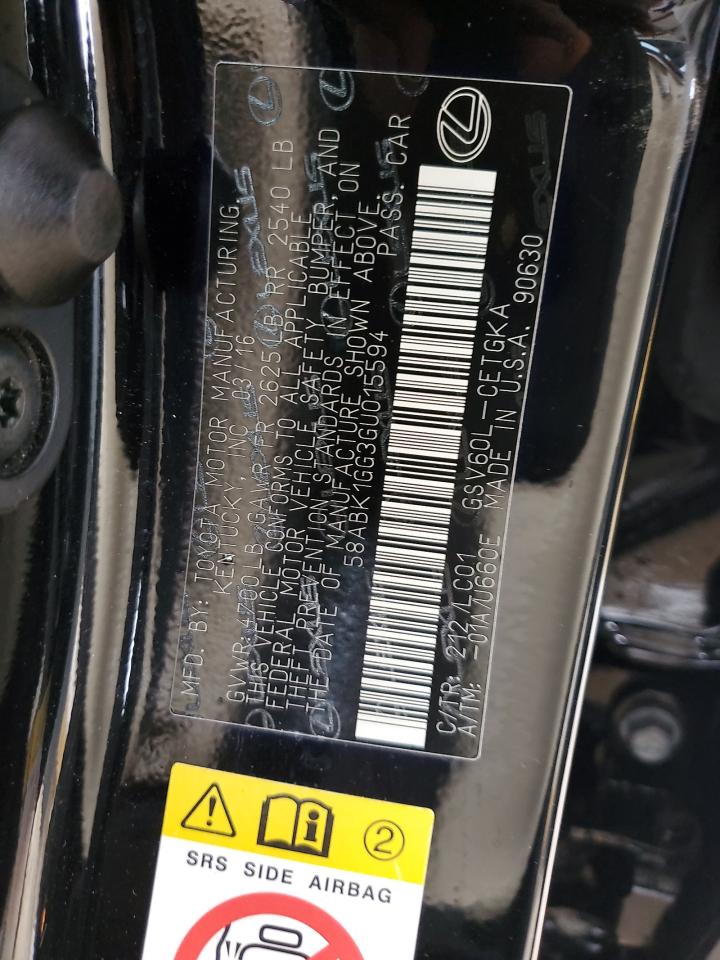 2016 Lexus Es 350 VIN: 58ABK1GG3GU015594 Lot: 64901764