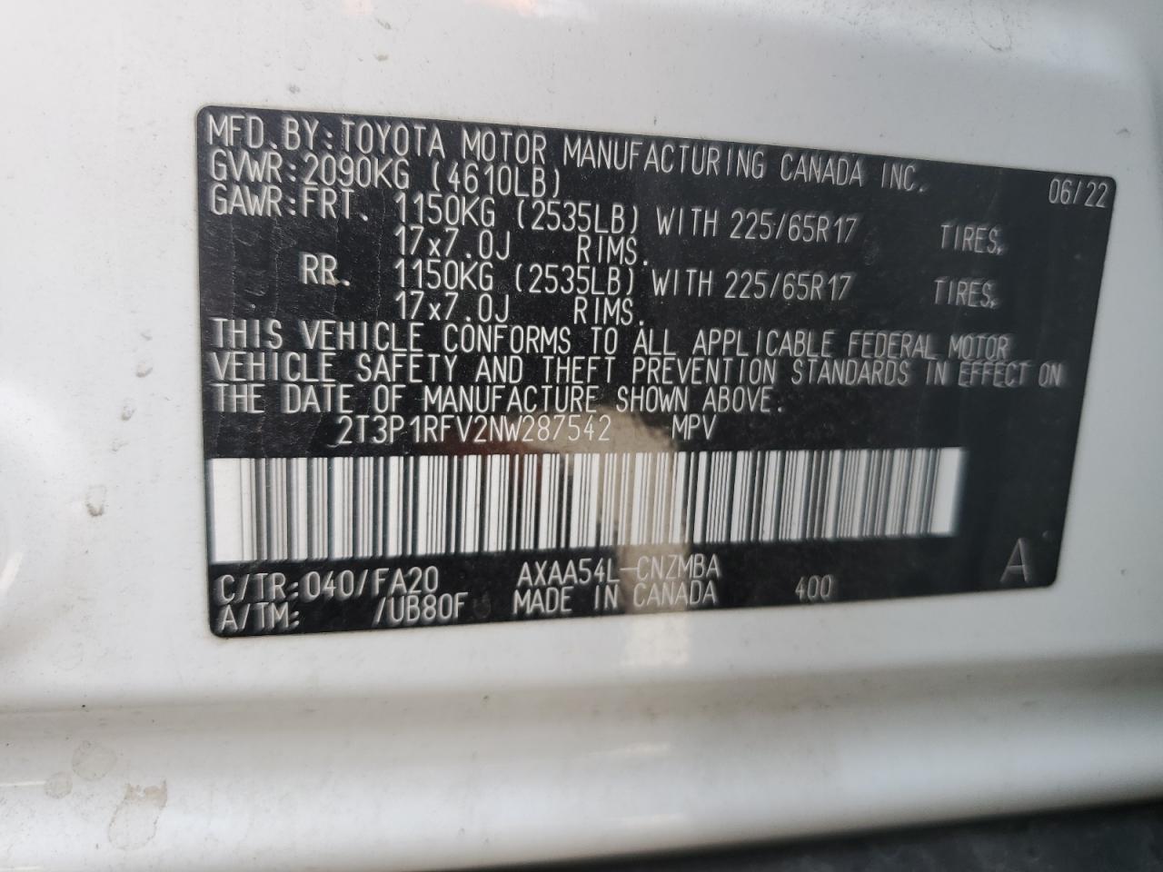 2T3P1RFV2NW287542 2022 Toyota Rav4 Xle