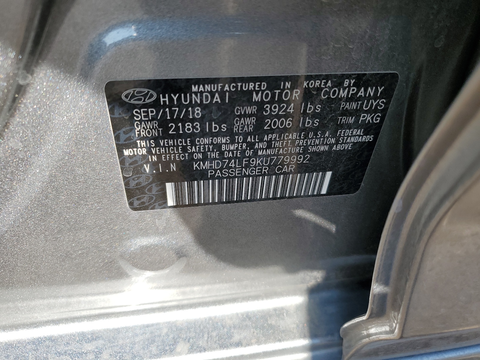 KMHD74LF9KU779992 2019 Hyundai Elantra Se