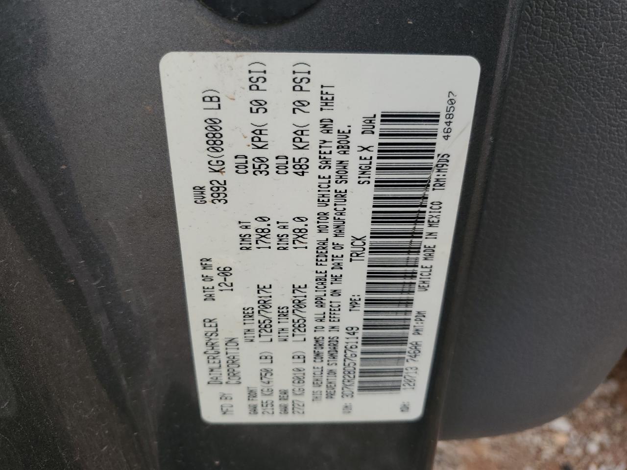 2007 Dodge Ram 2500 St VIN: 3D7KR28D57G761149 Lot: 60922444