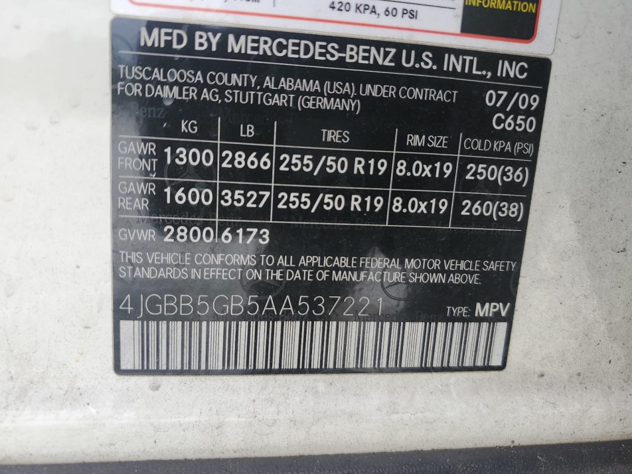 2010 Mercedes-Benz Ml 350 VIN: 4JGBB5GB5AA537221 Lot: 63786224