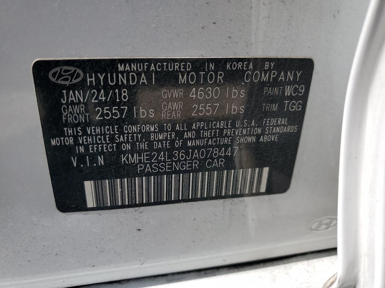 2018 Hyundai Sonata Hybrid VIN: KMHE24L36JA078447 Lot: 63682554