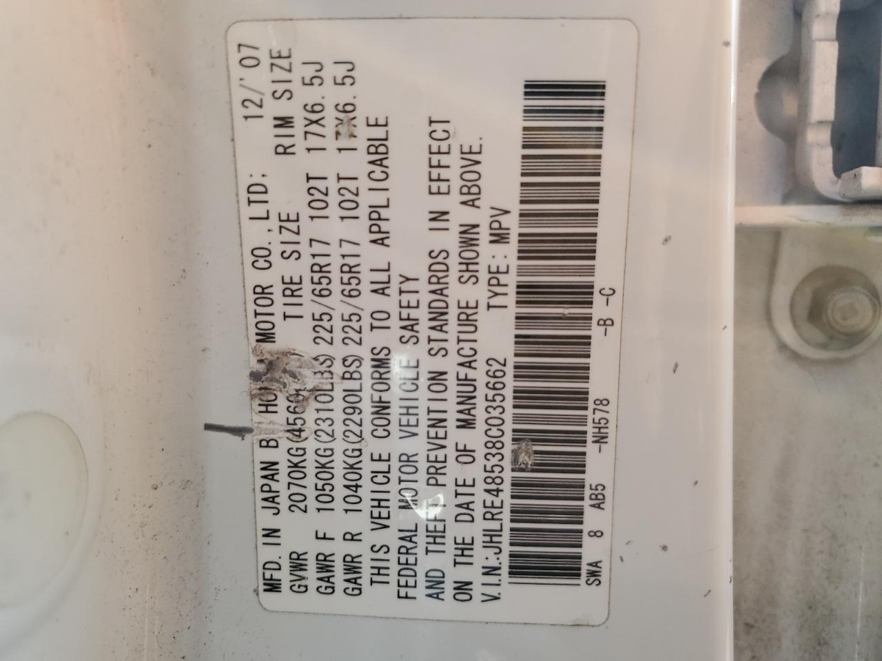 2008 Honda Cr-V Ex VIN: JHLRE48538C035662 Lot: 65158834