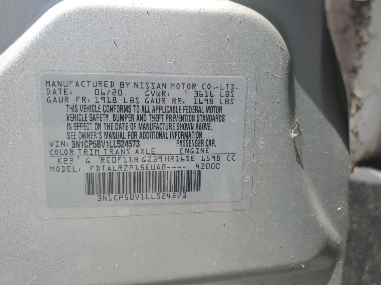 2020 Nissan Kicks S VIN: 3N1CP5BV1LL524573 Lot: 63832754