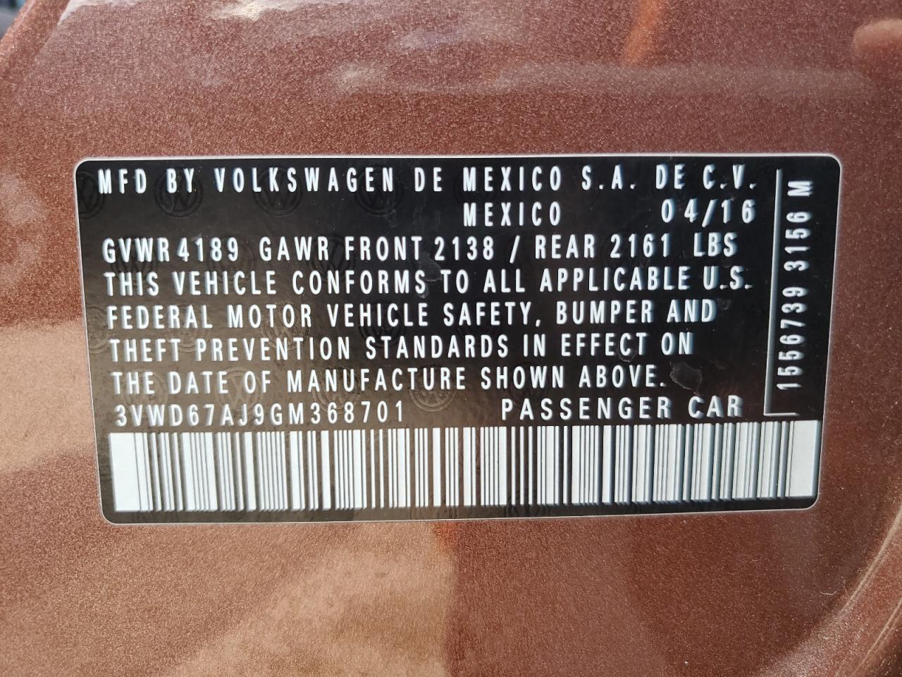 2016 Volkswagen Jetta Se VIN: 3VWD67AJ9GM368701 Lot: 65335544