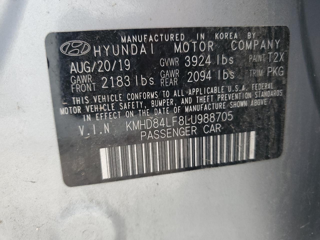 2020 Hyundai Elantra Sel VIN: KMHD84LF8LU988705 Lot: 63887064