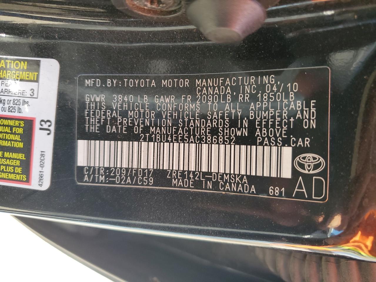 2T1BU4EE5AC386852 2010 Toyota Corolla Base