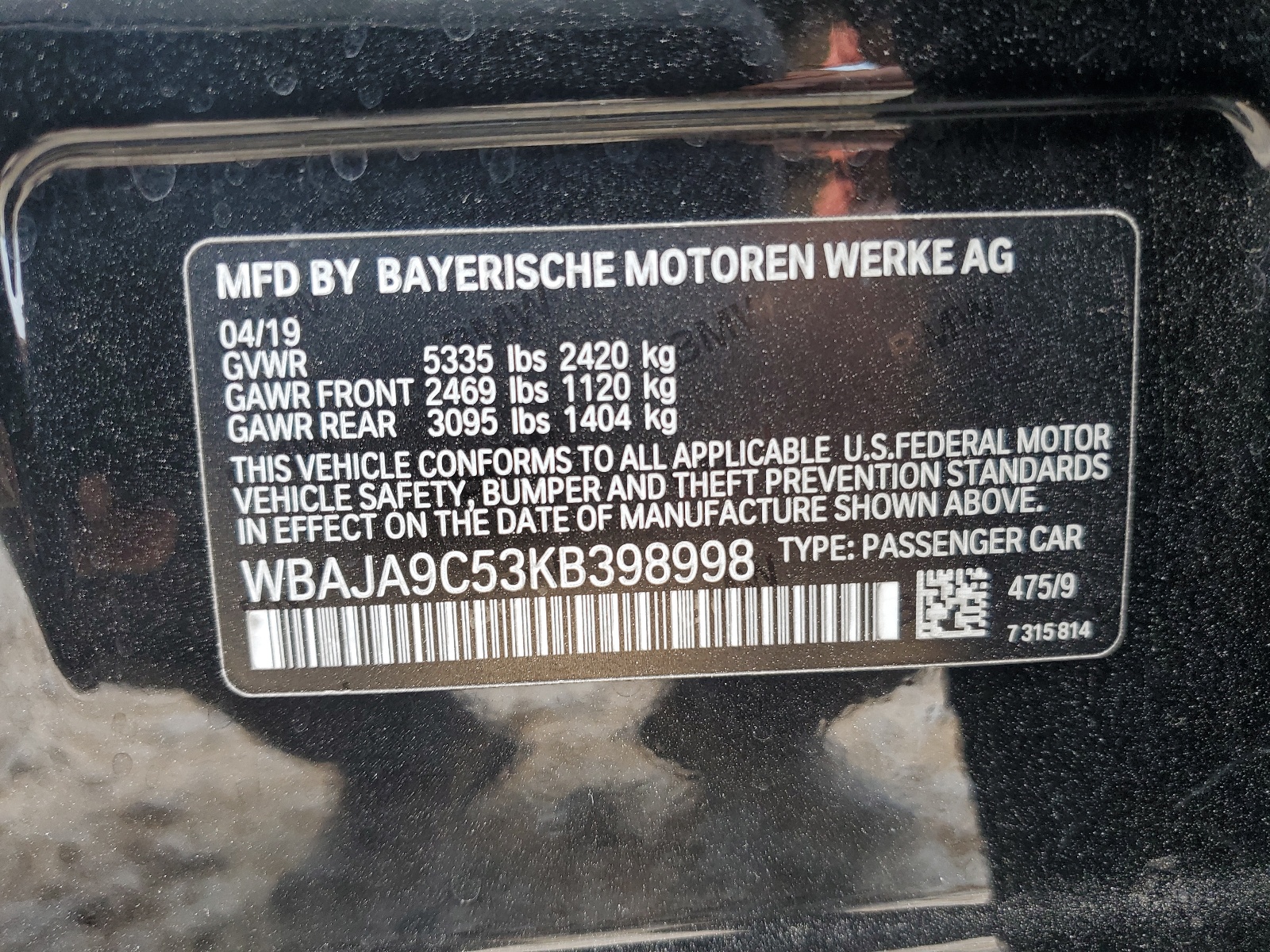 WBAJA9C53KB398998 2019 BMW 530E