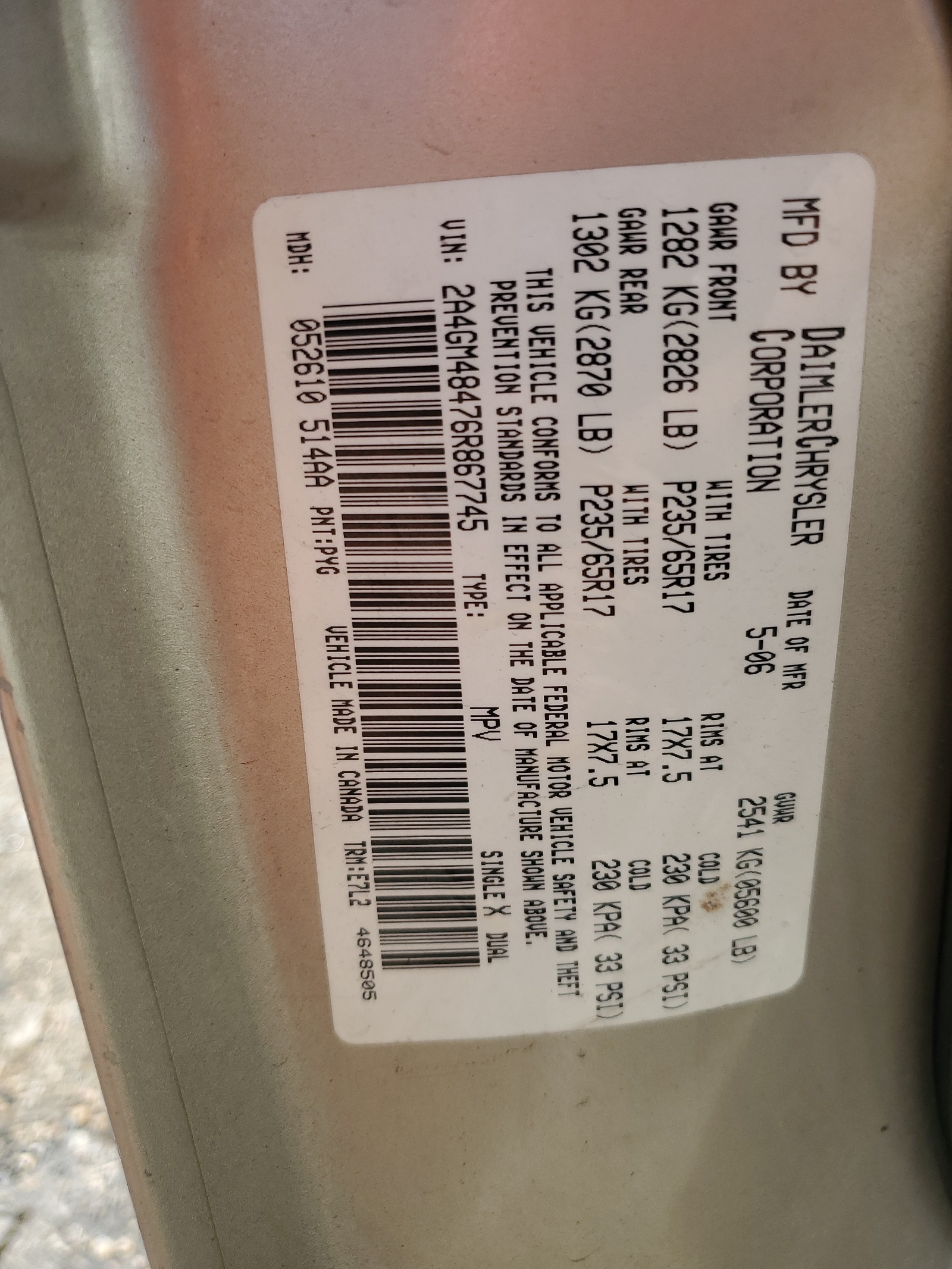 2A4GM48476R867745 2006 Chrysler Pacifica