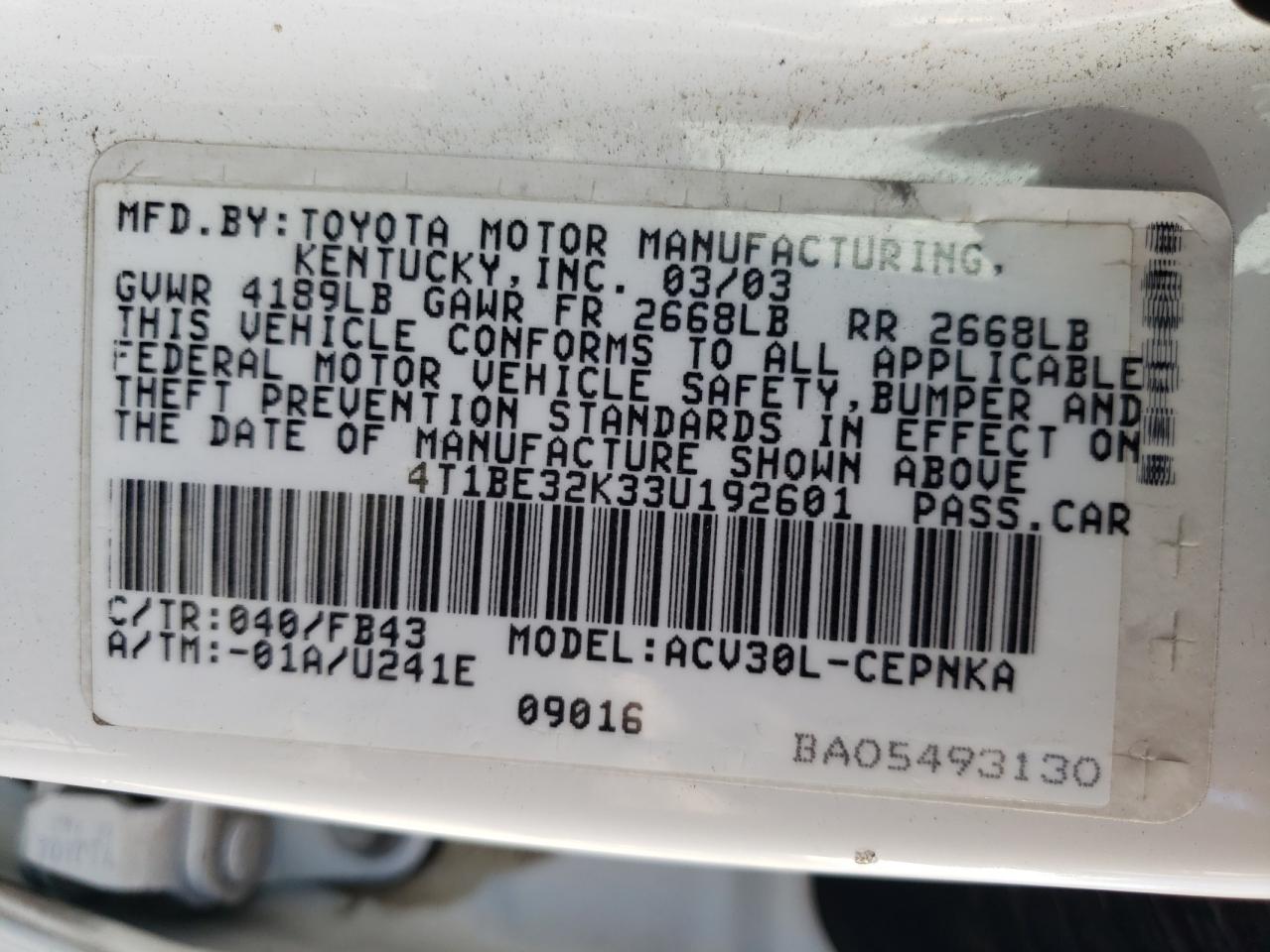 2003 Toyota Camry Le VIN: 4T1BE32K33U192601 Lot: 61317954