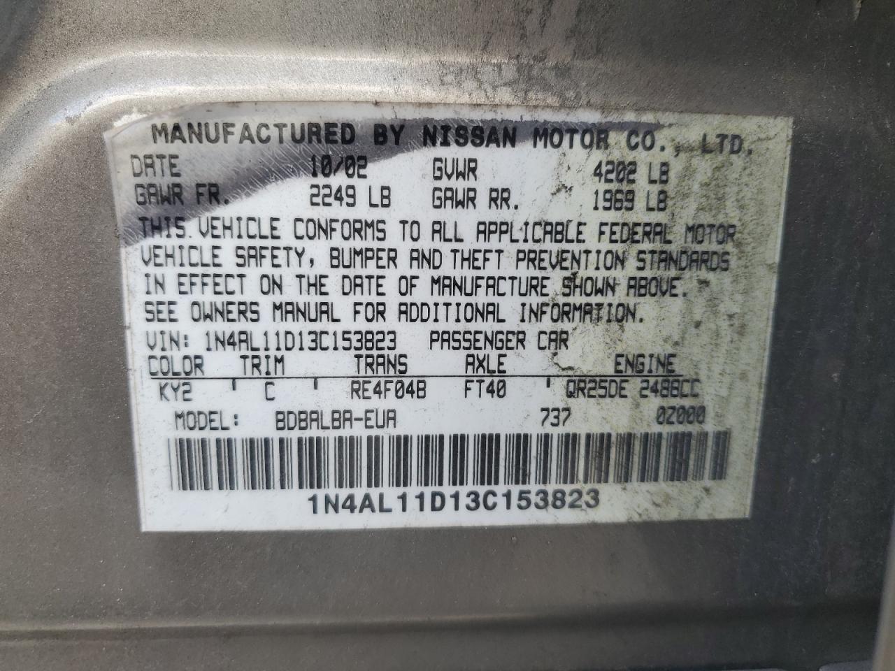 2003 Nissan Altima Base VIN: 1N4AL11D13C153823 Lot: 61342564