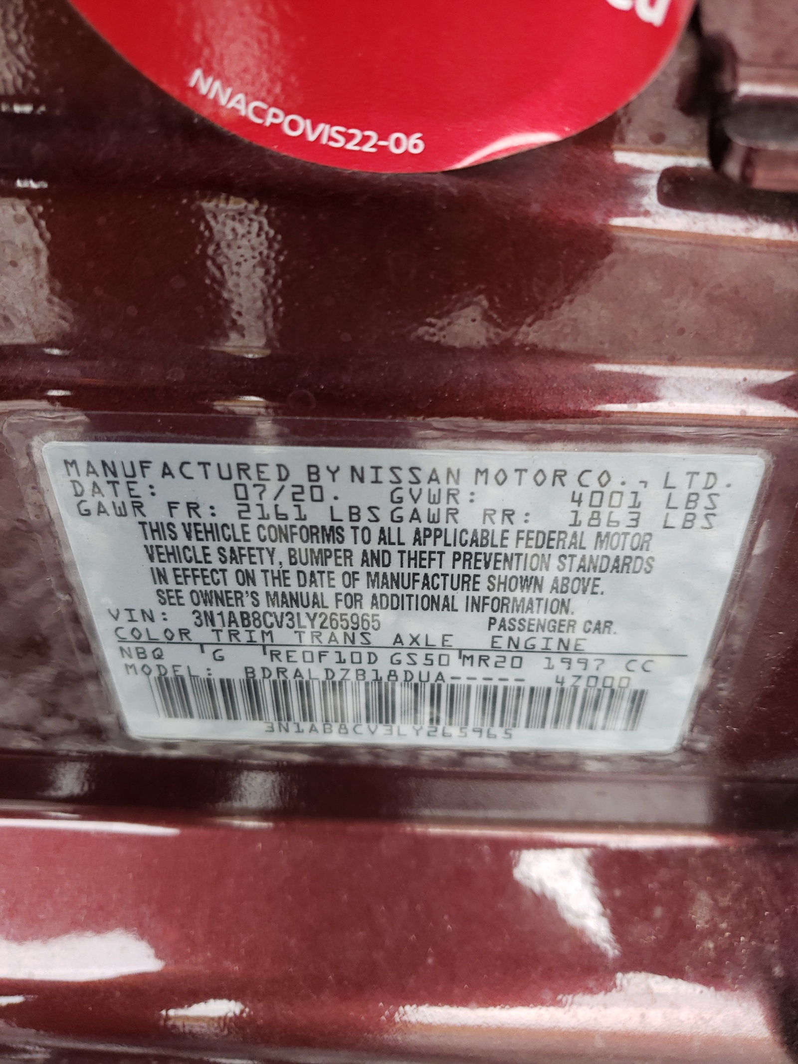 3N1AB8CV3LY265965 2020 Nissan Sentra Sv