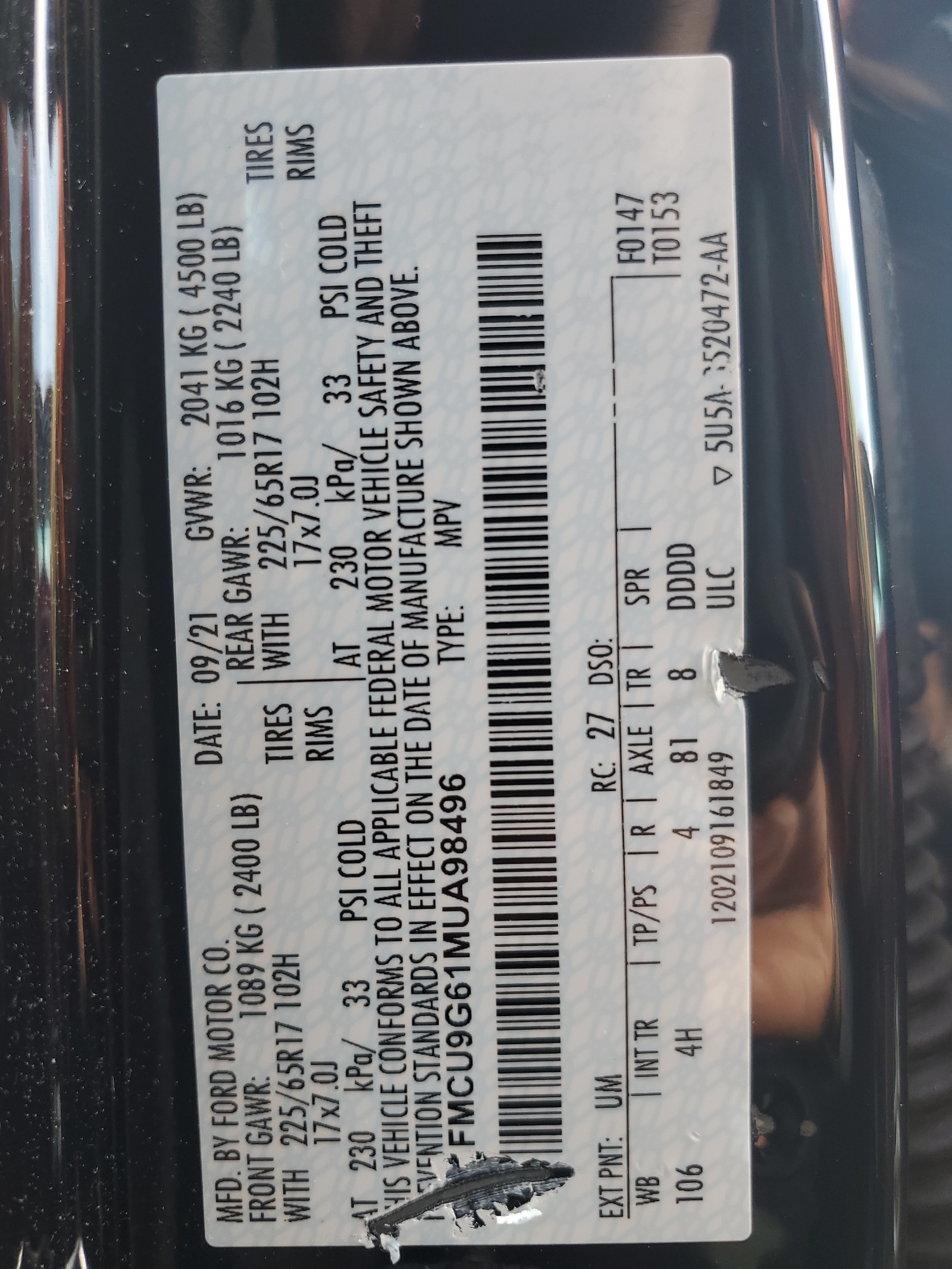 1FMCU9G61MUA98496 2021 Ford Escape Se