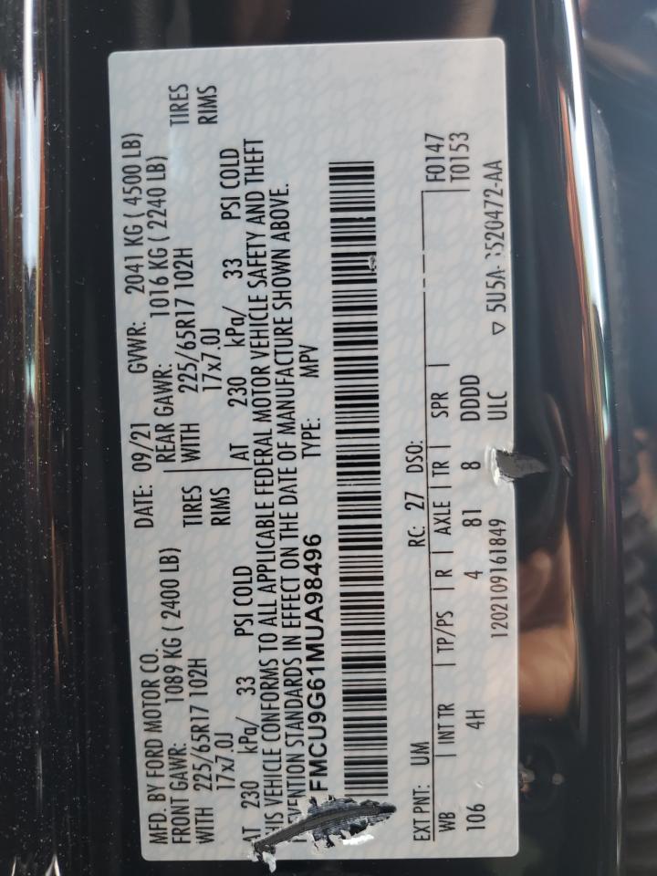 2021 Ford Escape Se VIN: 1FMCU9G61MUA98496 Lot: 57122384