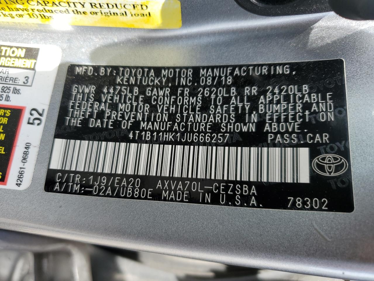 2018 Toyota Camry L VIN: 4T1B11HK1JU666257 Lot: 62793774