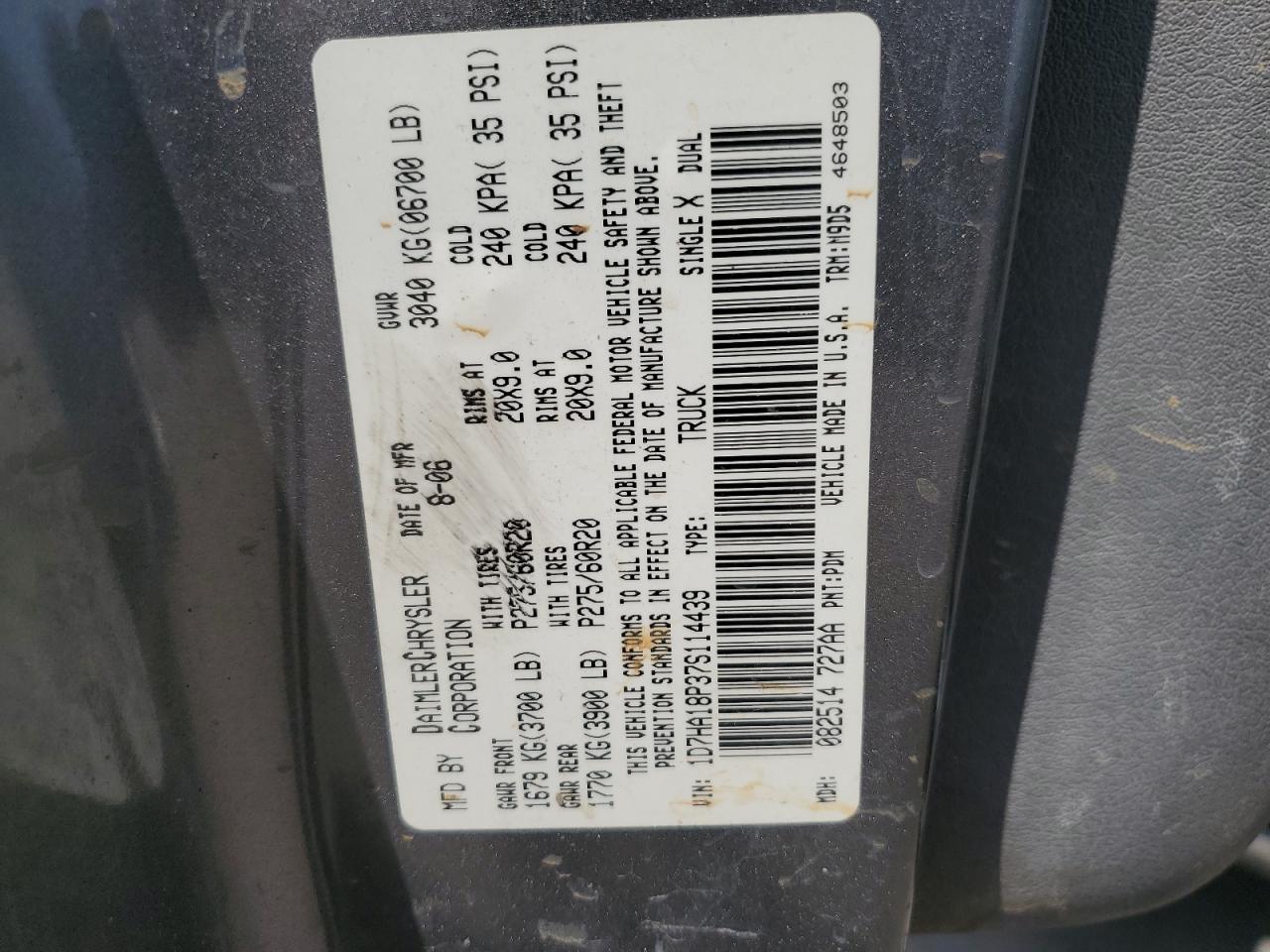 2007 Dodge Ram 1500 St VIN: 1D7HA18P37S114439 Lot: 64483744