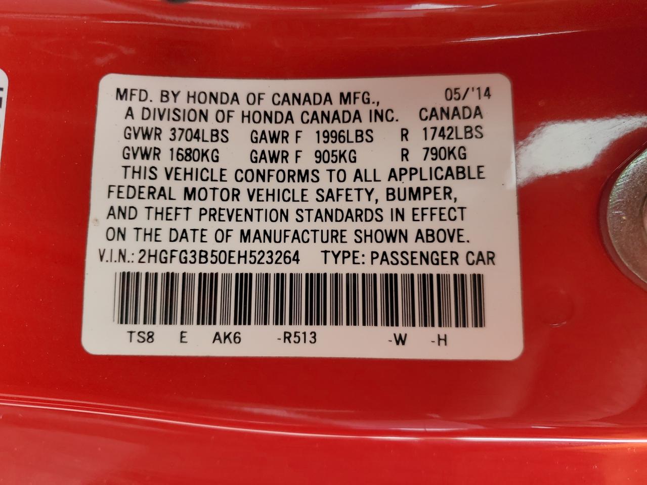 2014 Honda Civic Lx VIN: 2HGFG3B50EH523264 Lot: 63461074