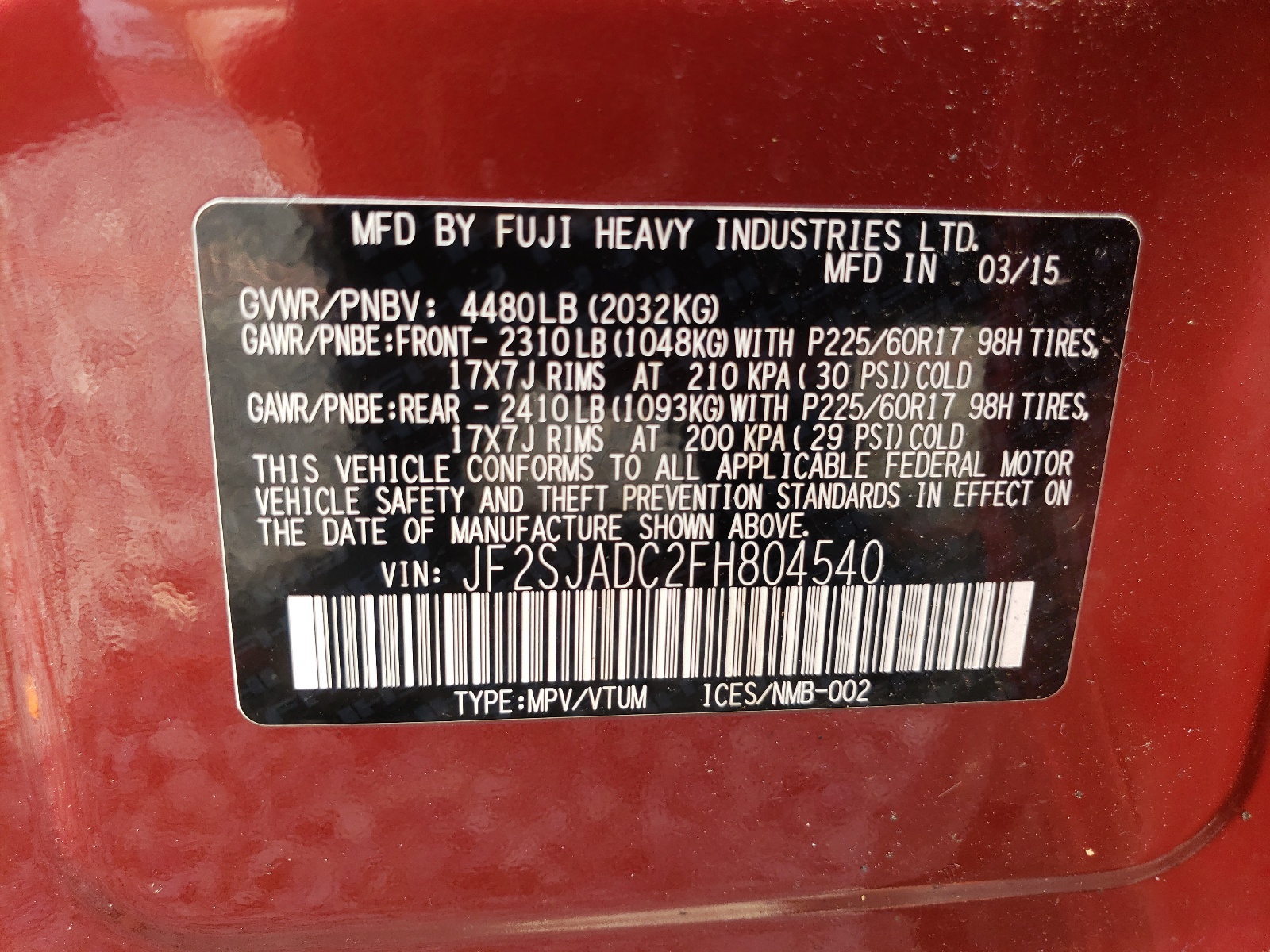 JF2SJADC2FH804540 2015 Subaru Forester 2.5I Premium