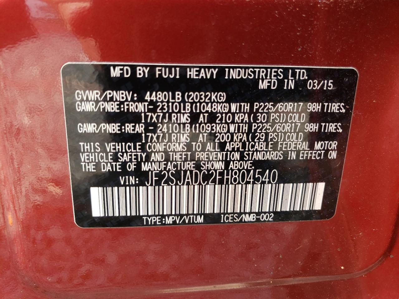 2015 Subaru Forester 2.5I Premium VIN: JF2SJADC2FH804540 Lot: 64405884