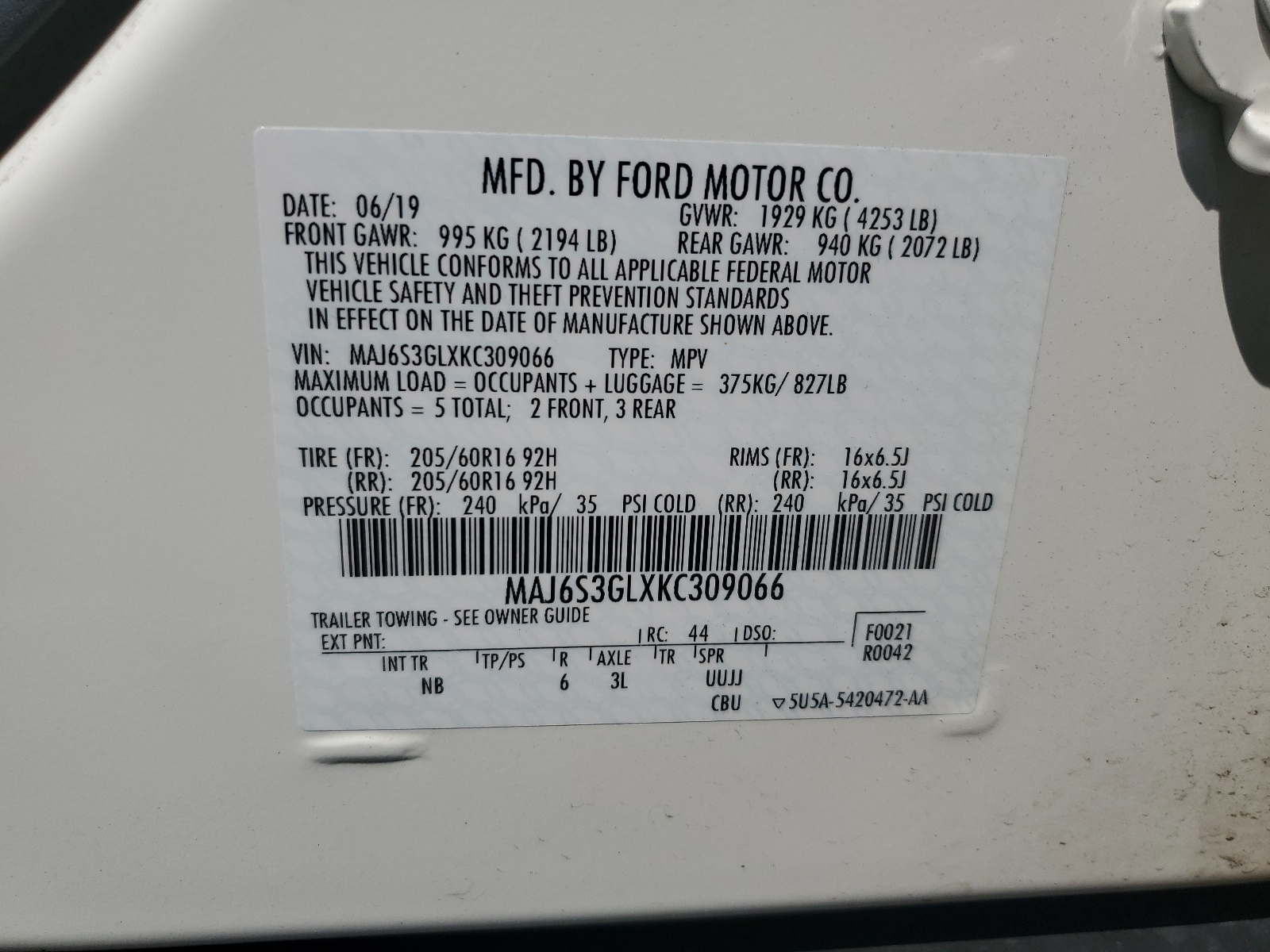 MAJ6S3GLXKC309066 2019 Ford Ecosport Se