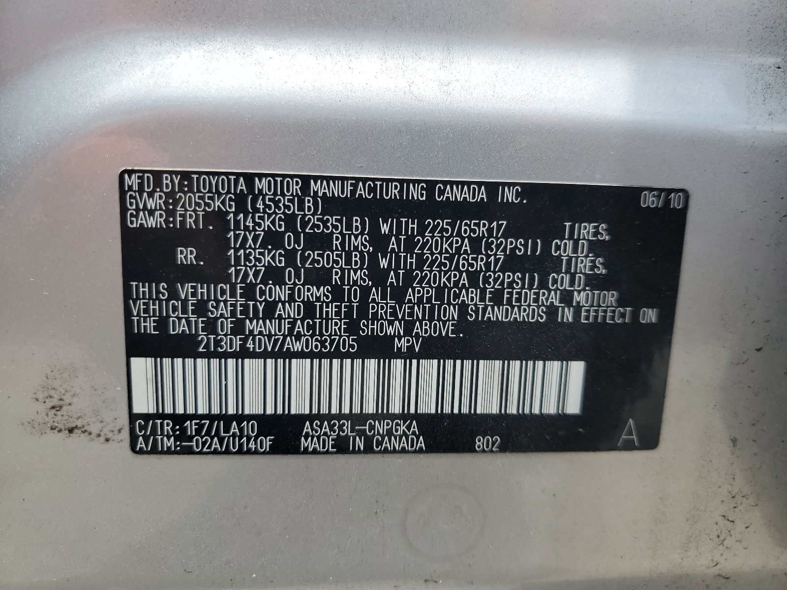 2T3DF4DV7AW063705 2010 Toyota Rav4 Limited