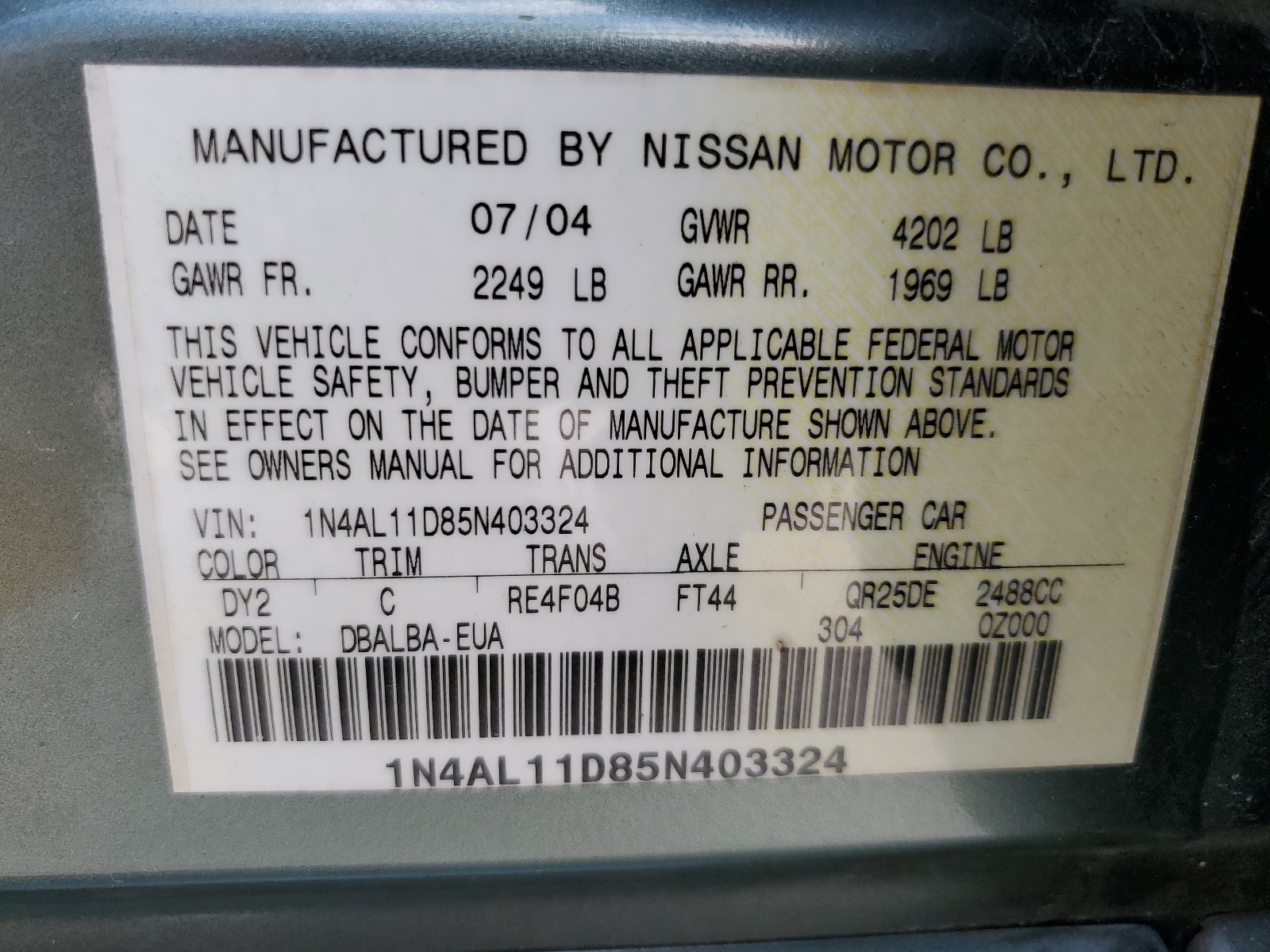 1N4AL11D85N403324 2005 Nissan Altima S