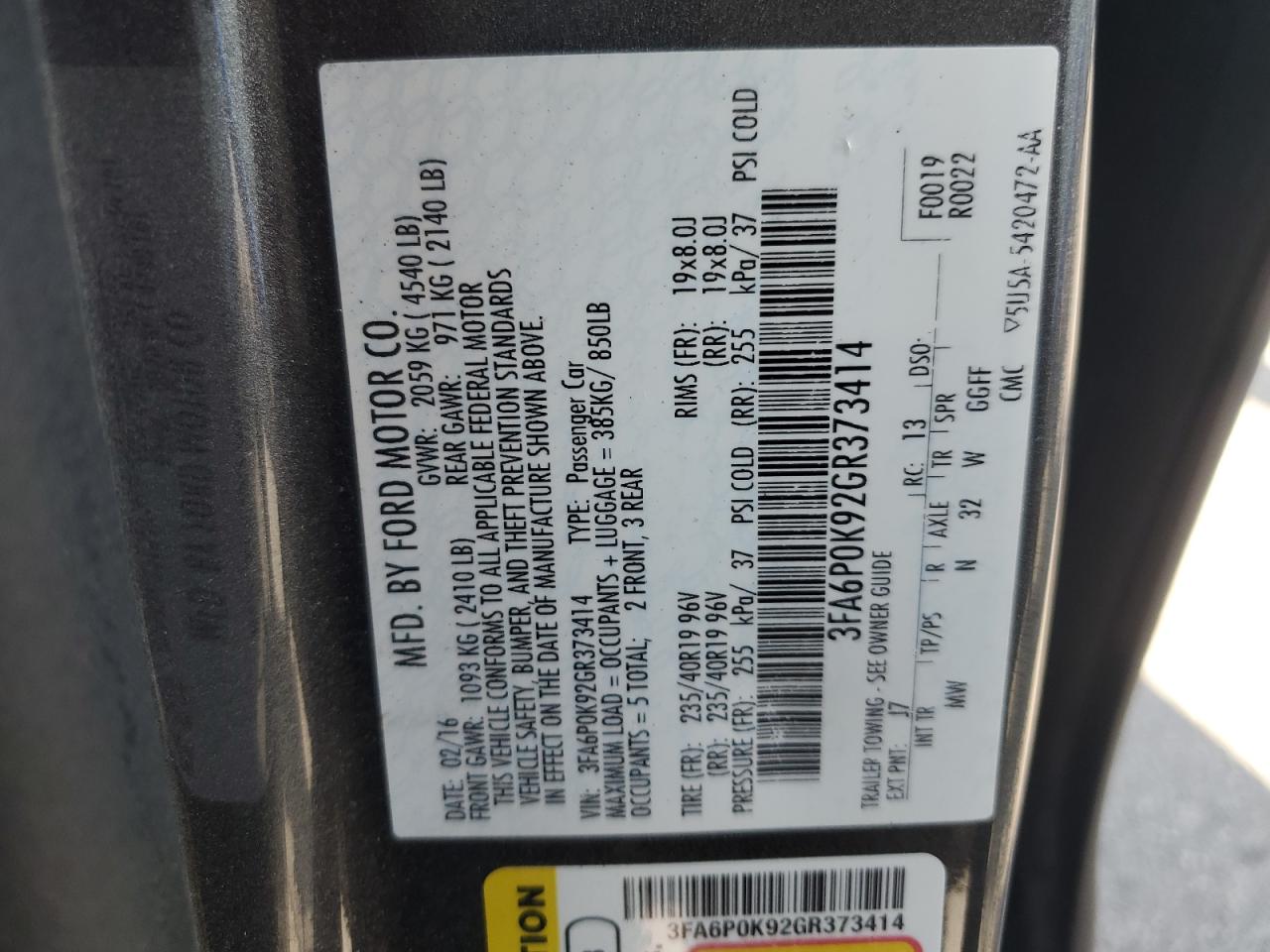 2016 Ford Fusion Titanium VIN: 3FA6P0K92GR373414 Lot: 61019684