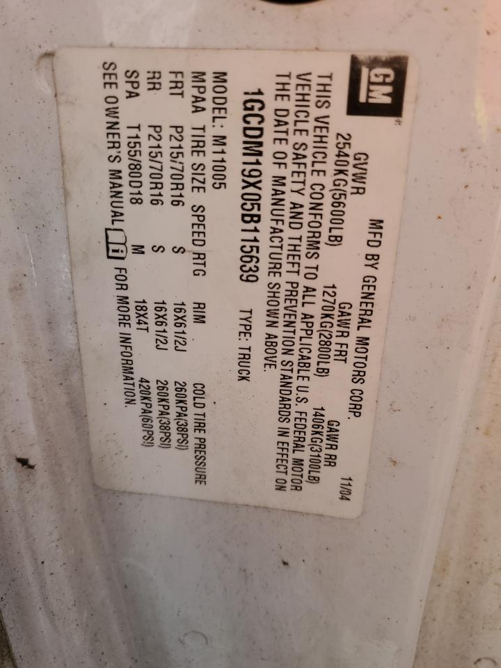 2005 Chevrolet Astro VIN: 1GCDM19X05B115639 Lot: 63063124