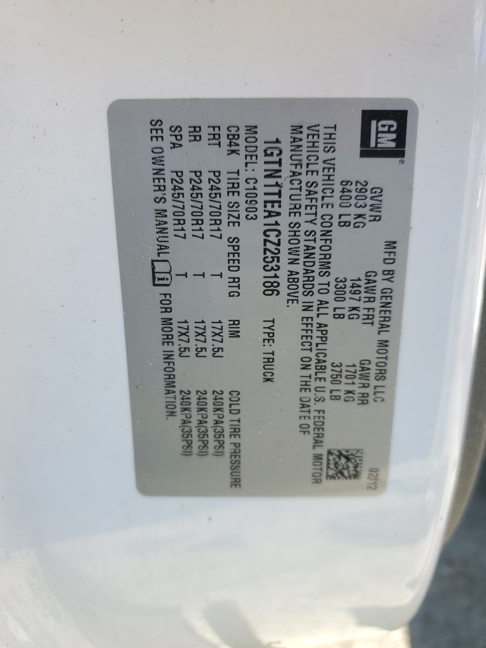 1GTN1TEA1CZ253186 2012 GMC Sierra C1500