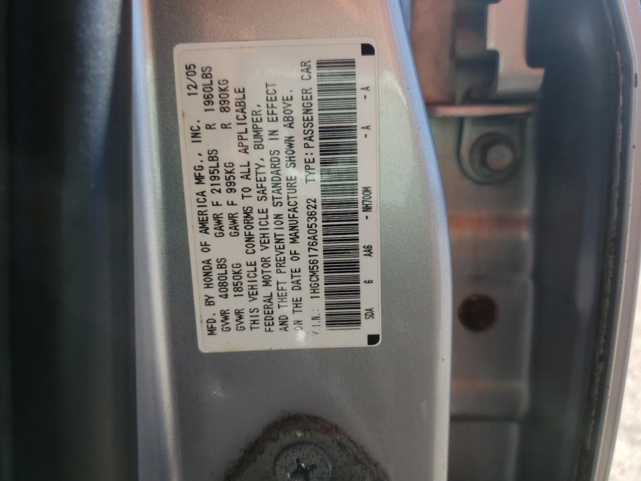 2006 Honda Accord Value VIN: 1HGCM56176A053622 Lot: 61860934