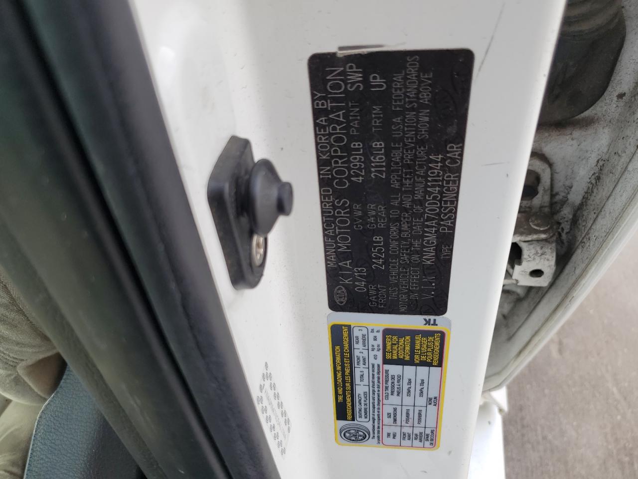 2013 Kia Optima Lx VIN: KNAGM4A70D5411944 Lot: 64978694