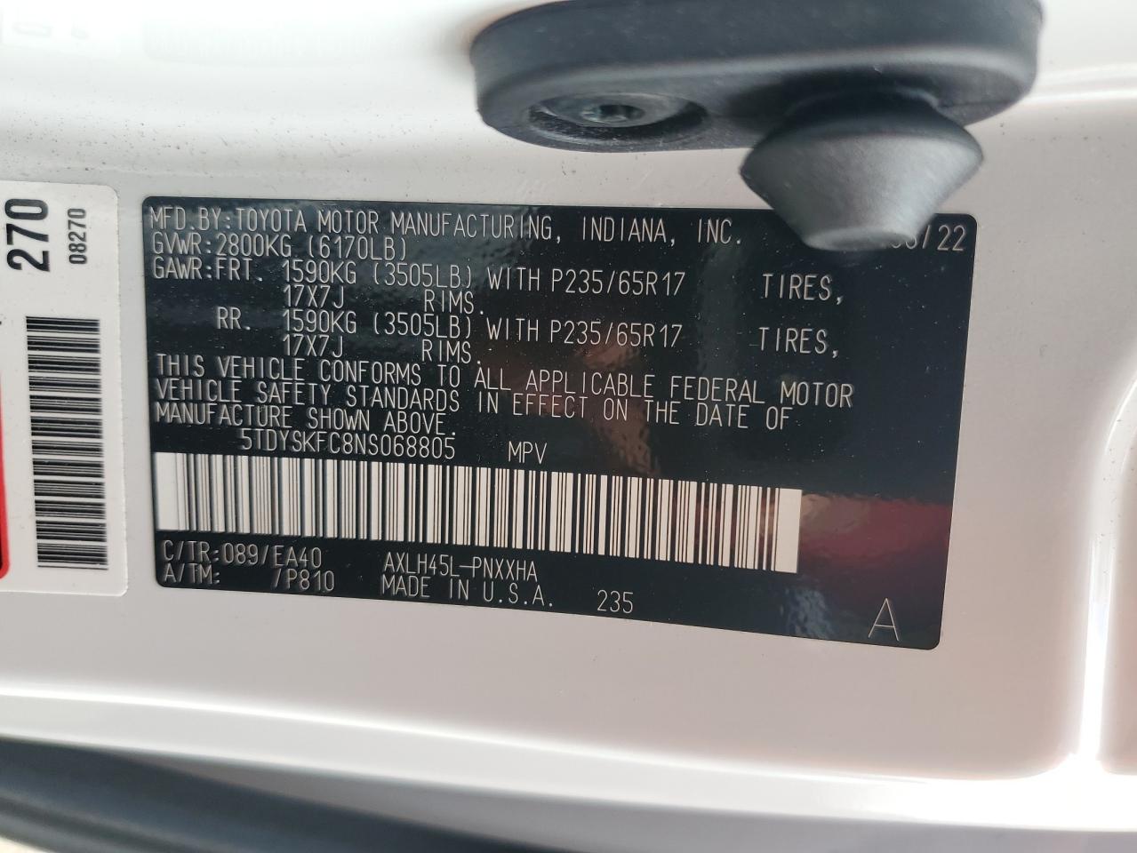 2022 Toyota Sienna Xle VIN: 5TDYSKFC8NS068805 Lot: 62652364