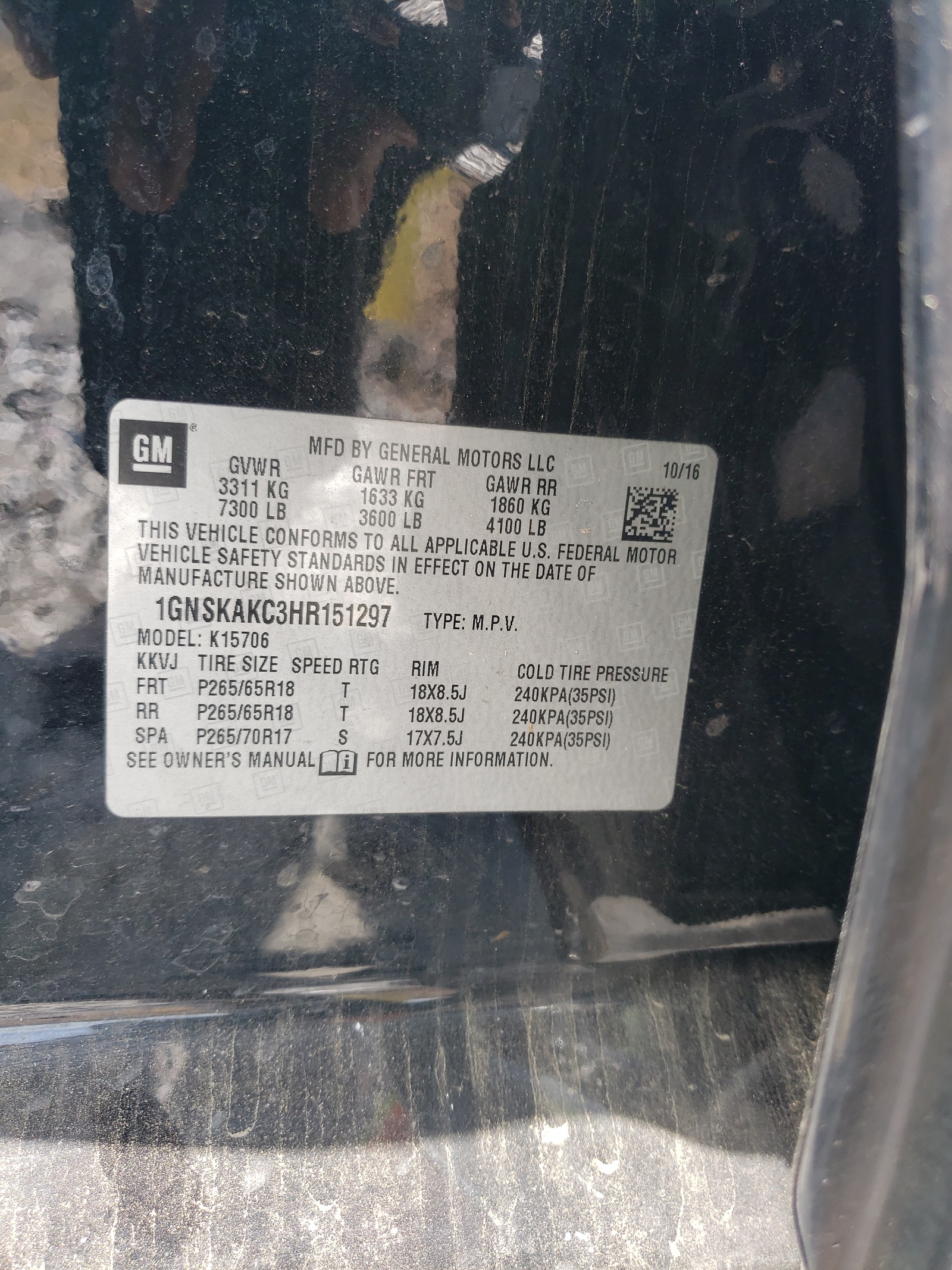 1GNSKAKC3HR151297 2017 Chevrolet Tahoe K1500 Ls