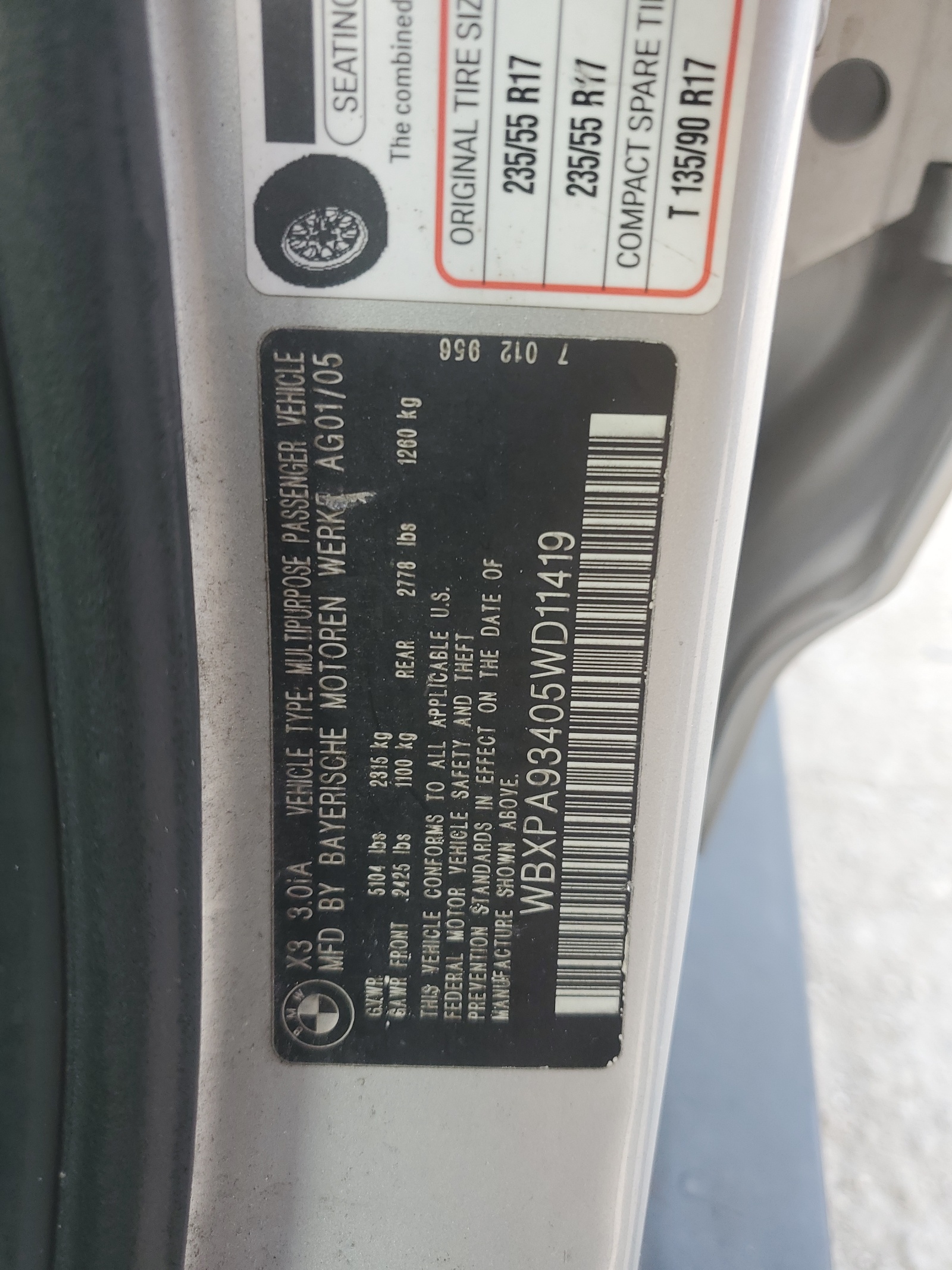 WBXPA93405WD11419 2005 BMW X3 3.0I