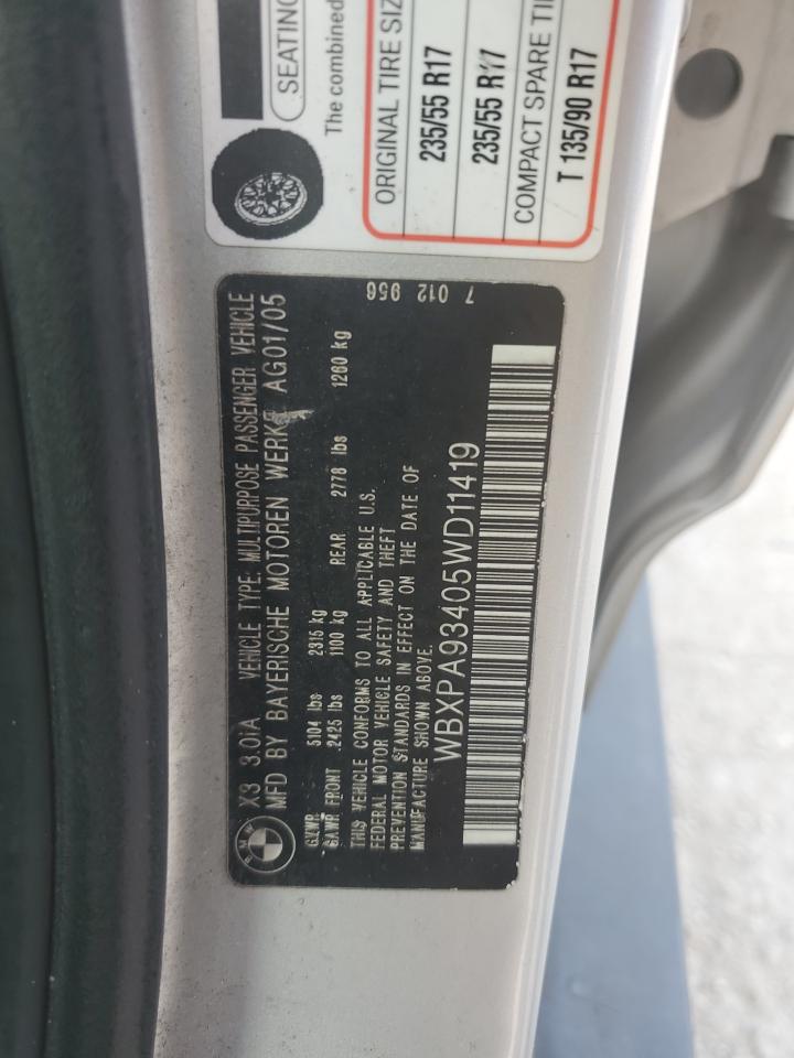 2005 BMW X3 3.0I VIN: WBXPA93405WD11419 Lot: 64801264