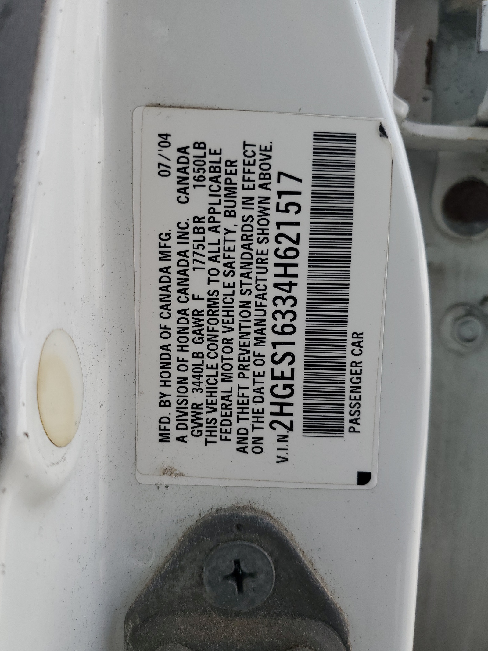 2HGES16334H621517 2004 Honda Civic Dx Vp