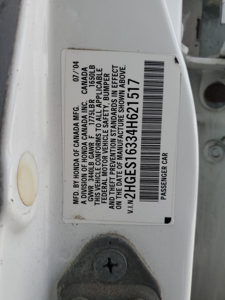 2004 Honda Civic Dx Vp VIN: 2HGES16334H621517 Lot: 64179374