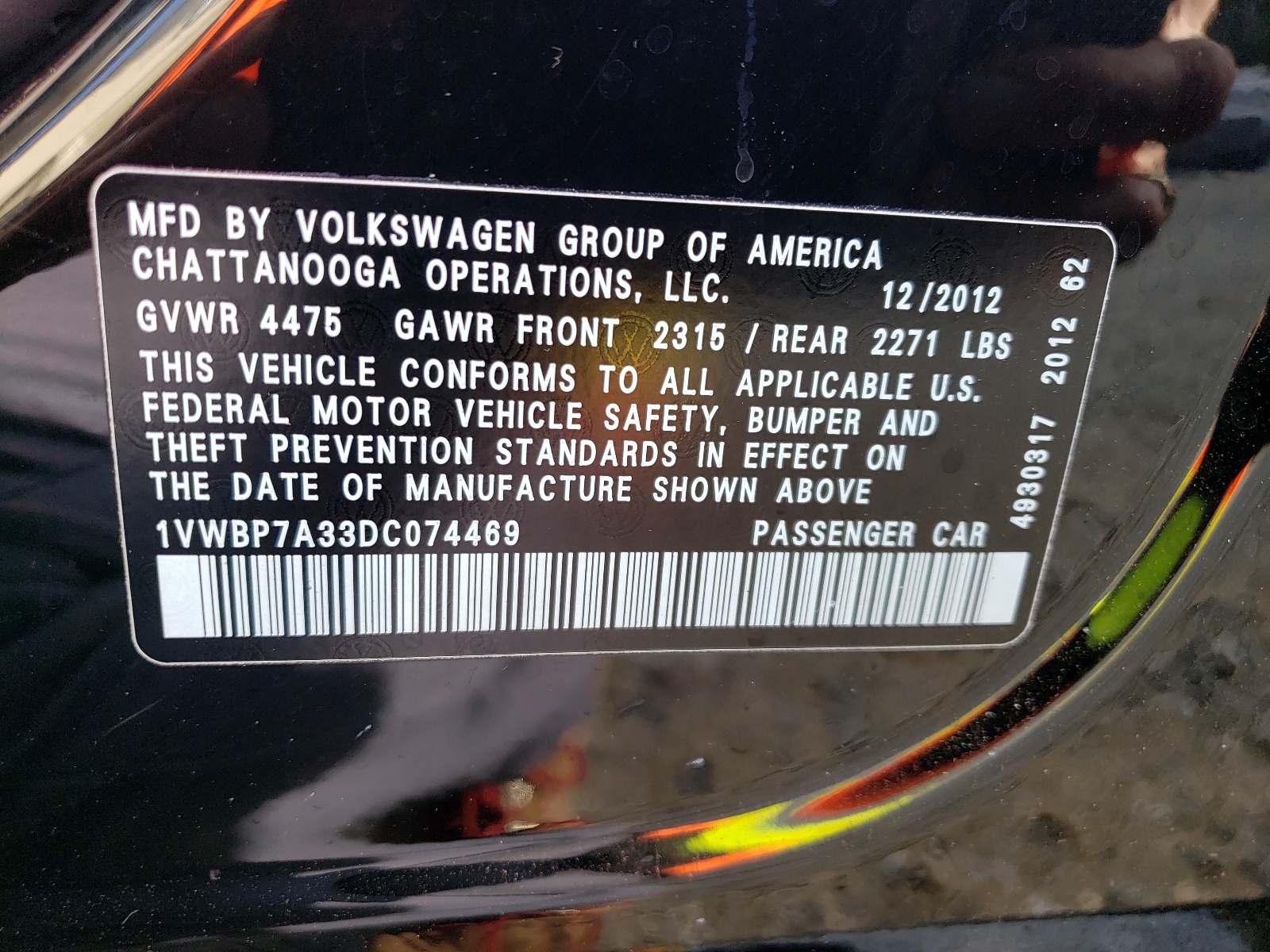 1VWBP7A33DC074469 2013 Volkswagen Passat Se