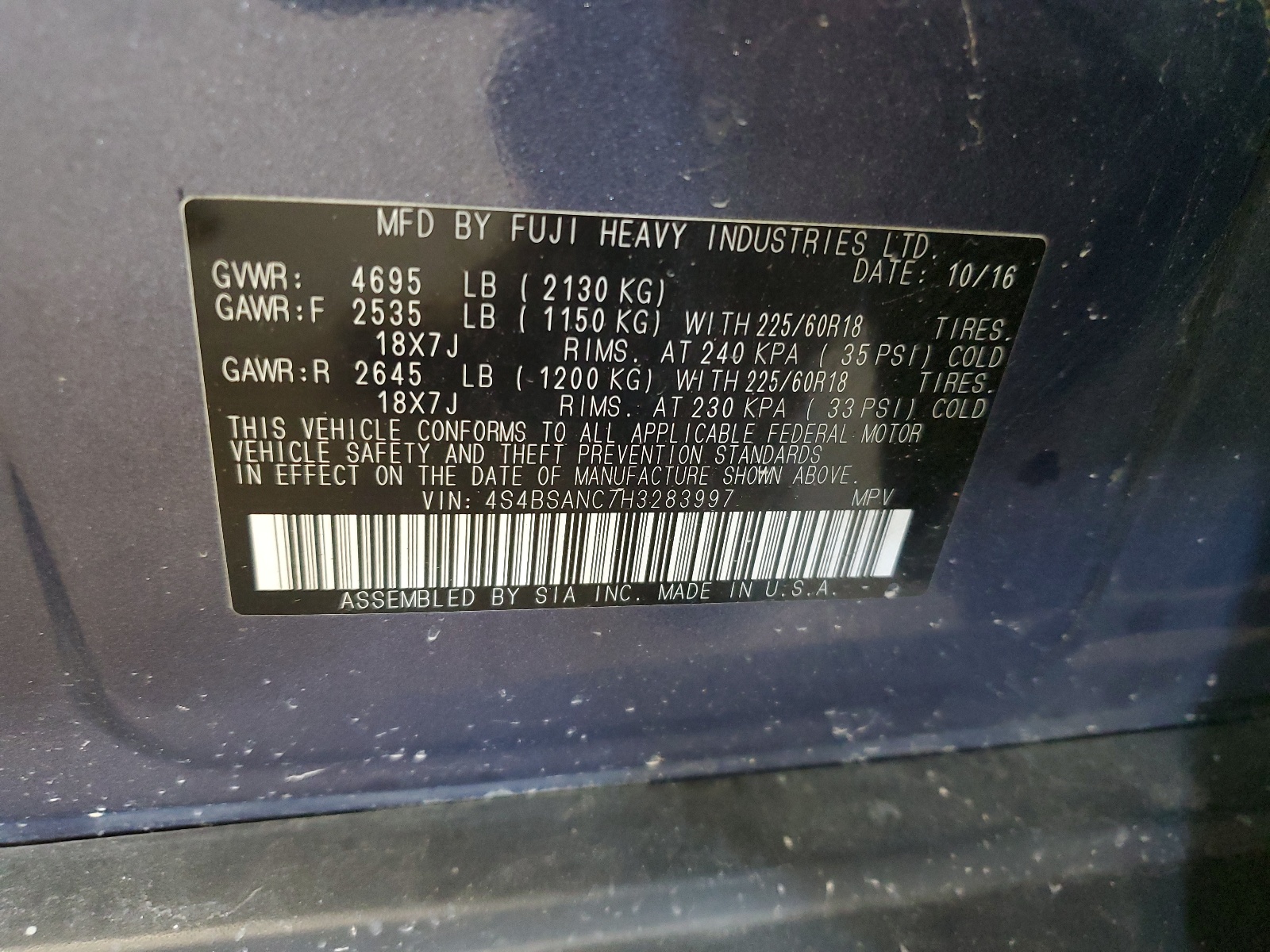 4S4BSANC7H3283997 2017 Subaru Outback 2.5I Limited