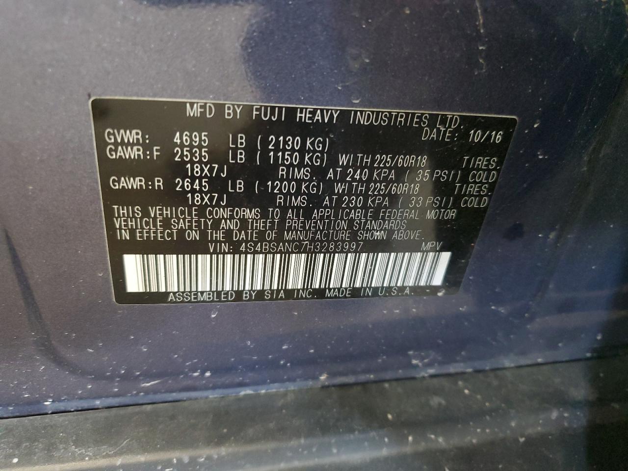 2017 Subaru Outback 2.5I Limited VIN: 4S4BSANC7H3283997 Lot: 63110134