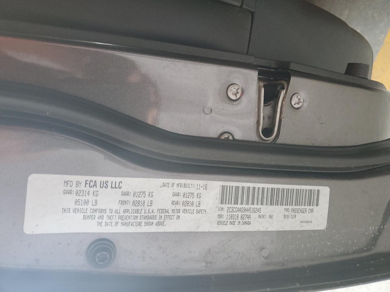 2017 Chrysler 300 Limited VIN: 2C3CCAAG9HH516245 Lot: 62052894