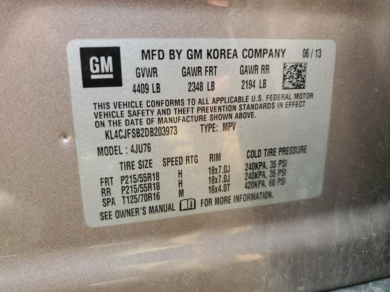 2013 Buick Encore Convenience VIN: KL4CJFSB2DB203973 Lot: 64357594